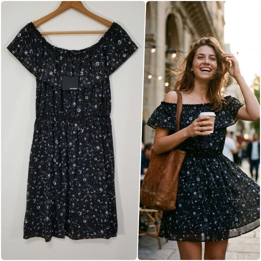NWT‎ The Kooples Silk Tattoo Print Off Shoulder Mini Dress Size M